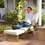 Reclining PE Wicker Sun Lounger With Thick Beige Cushion by Outsunny