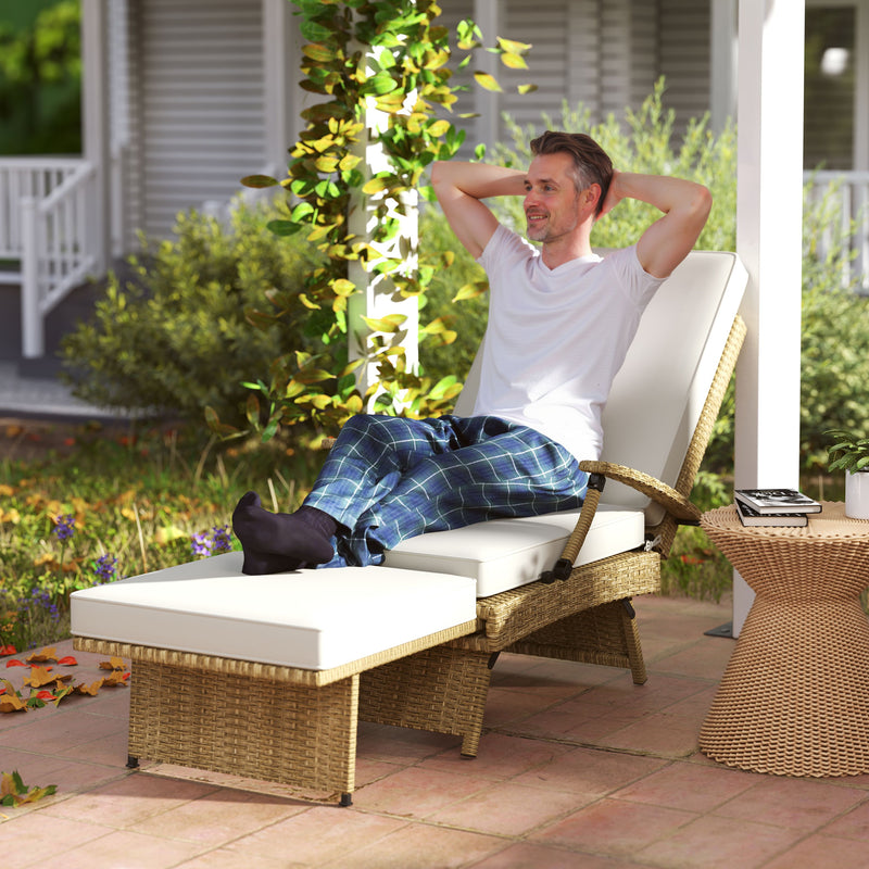 Reclining PE Wicker Sun Lounger With Thick Beige Cushion by Outsunny