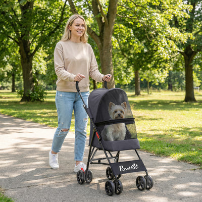 Pet Stroller for Small Dogs and Cats with Foldable Frame and Weather Canopy Dark Grey AOSOM
