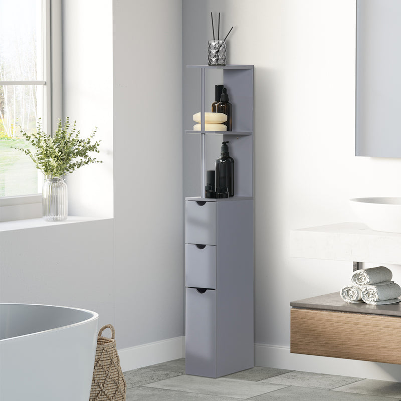 Tall Freestanding Bathroom Cabinet With Drawers And Open Shelves For Small Spaces Grey