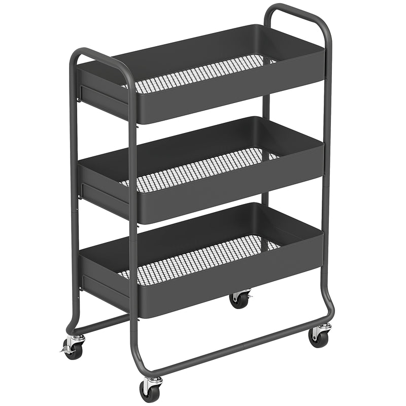 3 Tier Metal Storage Trolley With Wheels And Mesh Baskets For Home Organisation Black