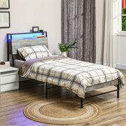 Grey Single Steel Bed Frame with LED Lights and Headboard Shelf by HOMCOM