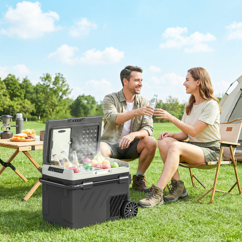 Camping Fridge Freezer with Dual-Zone Cooling and Wheels for Outdoor Trips Black AOSOM
