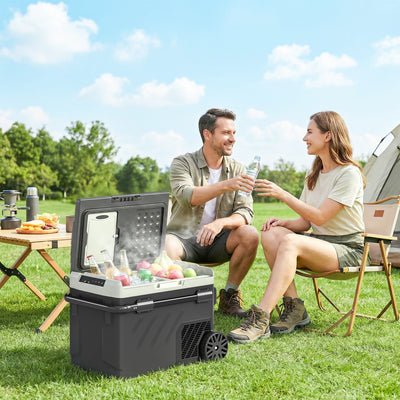 Camping Fridge Freezer with Dual-Zone Cooling and Wheels for Outdoor Trips Black AOSOM