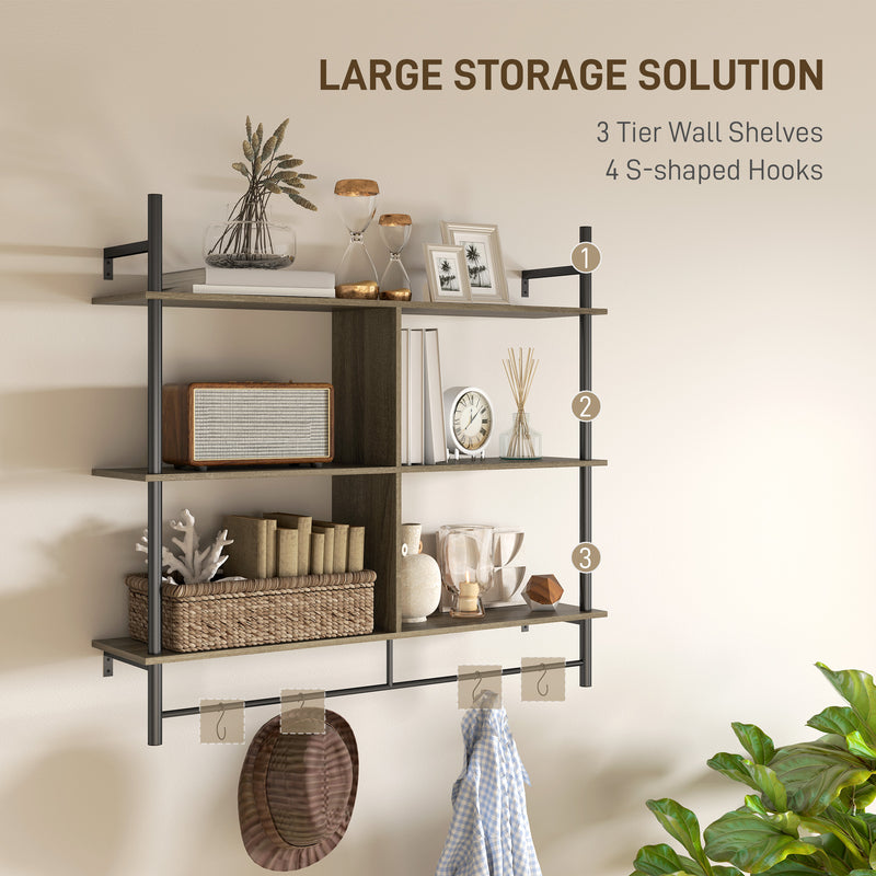 Grey Wood Effect Three Tier Floating Wall Shelf for Storage and Display by HOMCOM