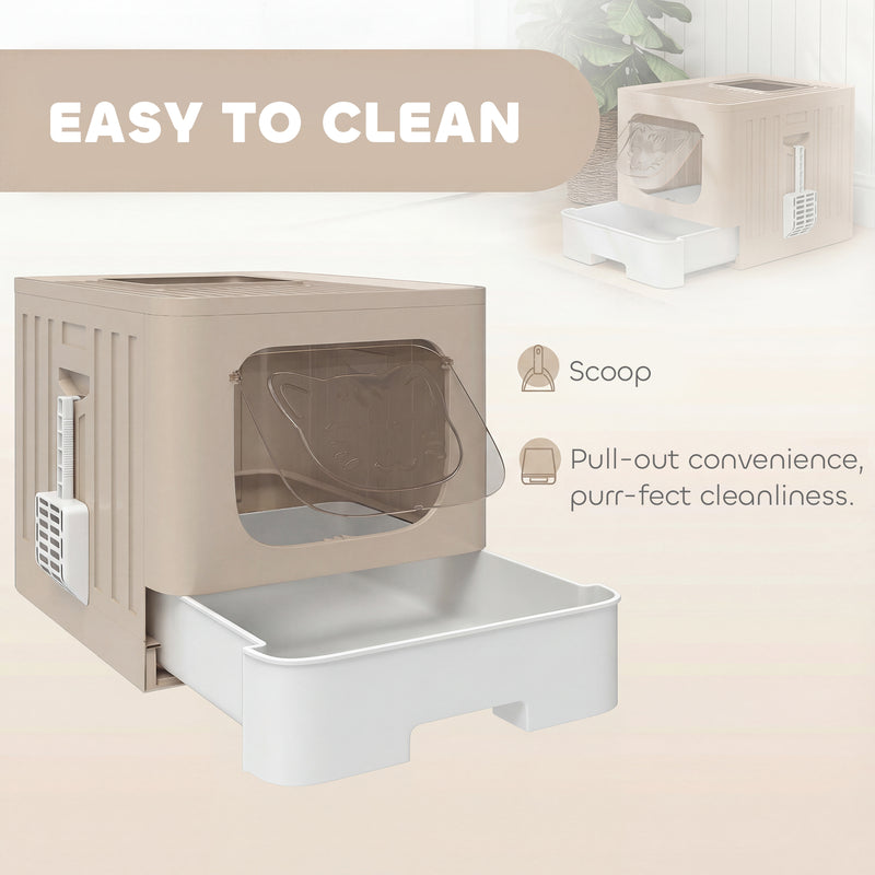 Foldable Cat Litter Box with Lid and Pull Out Drawer for Easy Cleaning Khaki AOSOM