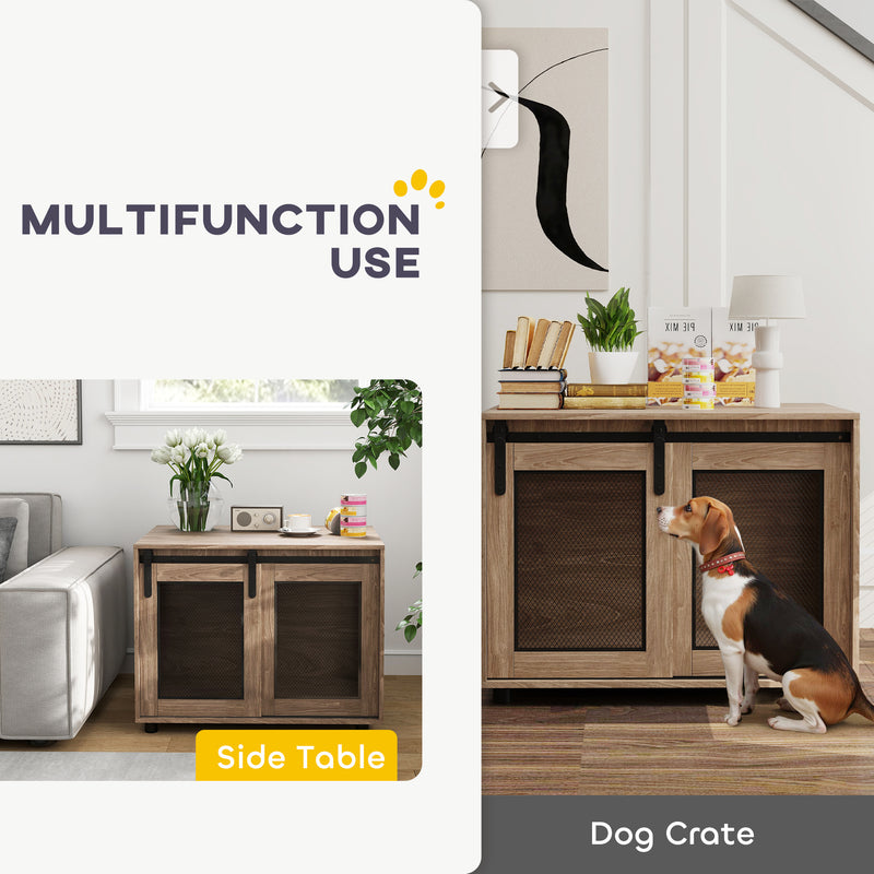 Dog Crate Furniture with Sliding Door for Medium Dogs Walnut Brown 80cm by PawHut