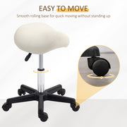 Adjustable Saddle Stool with PU Leather Seat and Wheels for Salon or Spa Use White