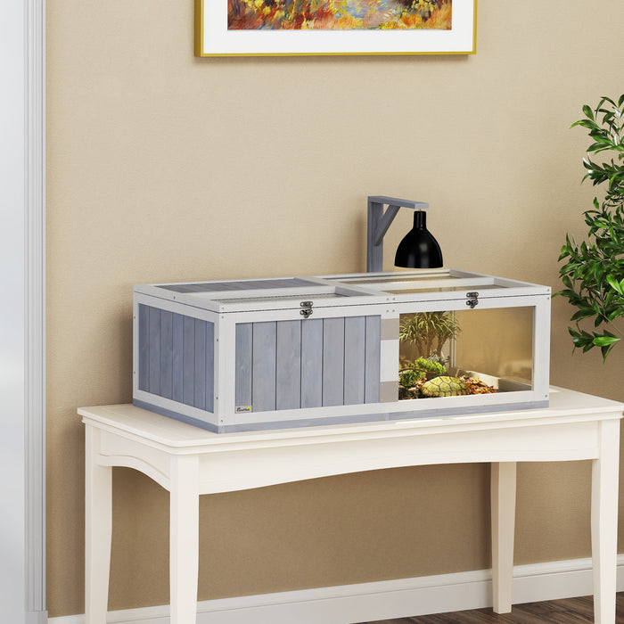 Wooden Tortoise House with Lamp Holder Clear Window Openable Tops and Tray Light Grey by PawHut