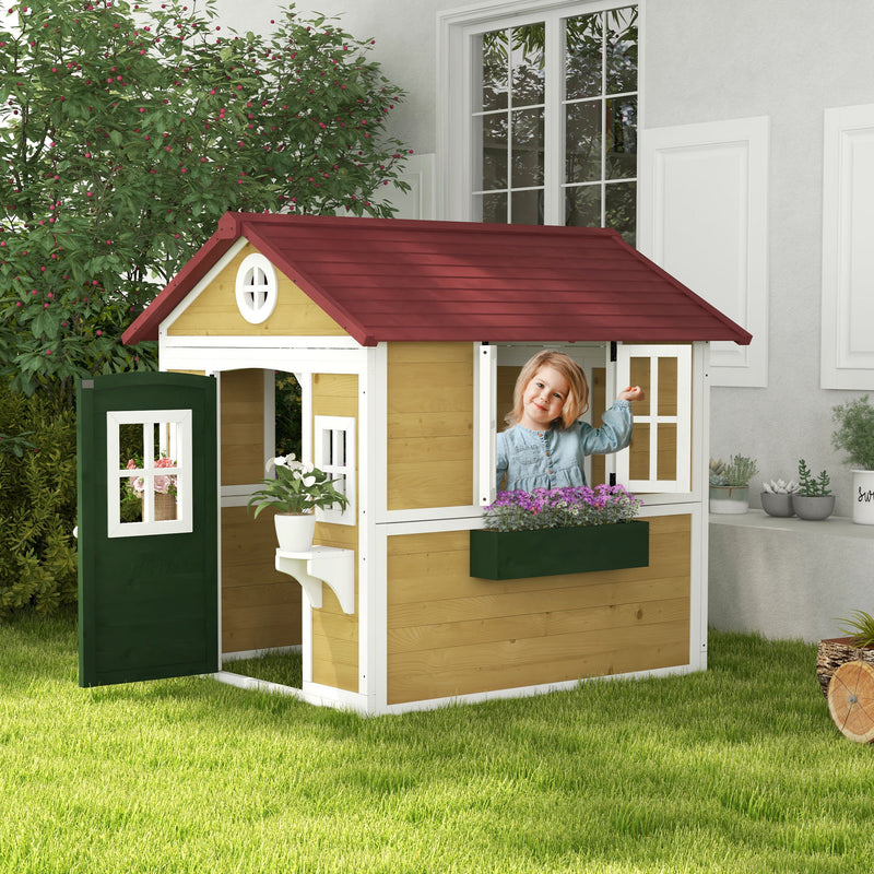 Wooden Kids Playhouse with Doors Windows and Planters for Ages 3-8 in Beige by Outsunny