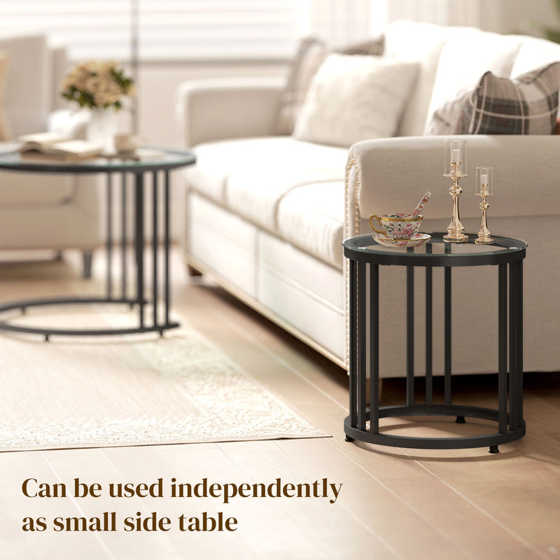 Glass Round Side Tables, Nesting Tables Set for Living Room - Black Metal Frame With Tempered Top