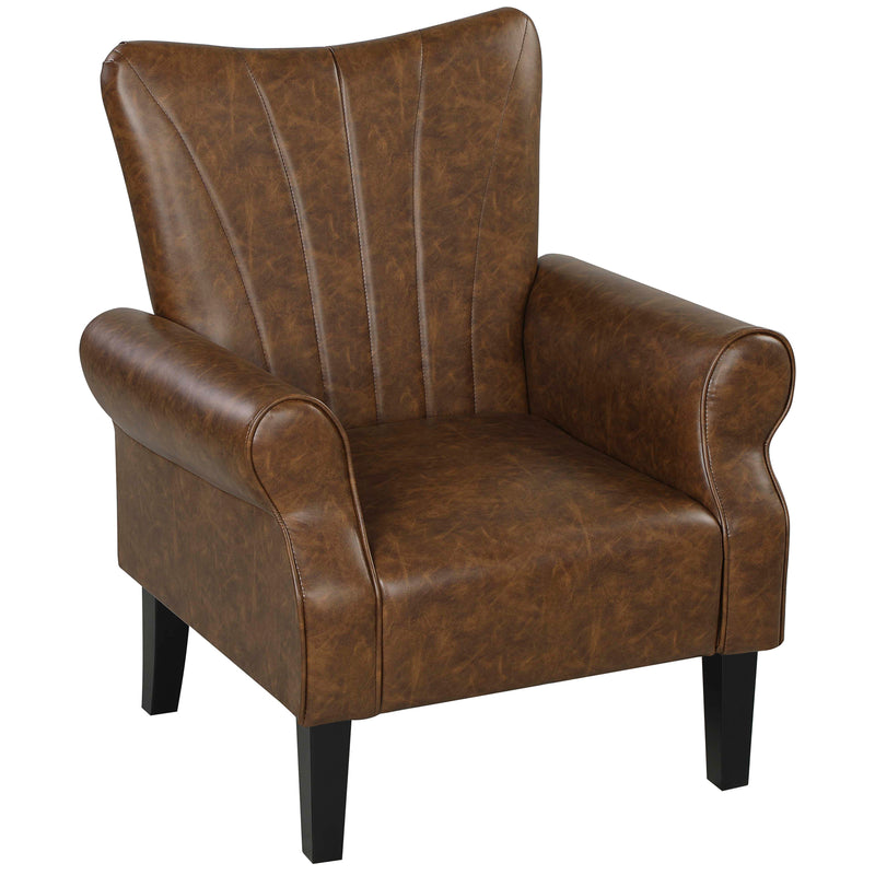 Upholstered Accent Chair with Rolled Arms and Wooden Legs for Lounge or Bedroom, Brown