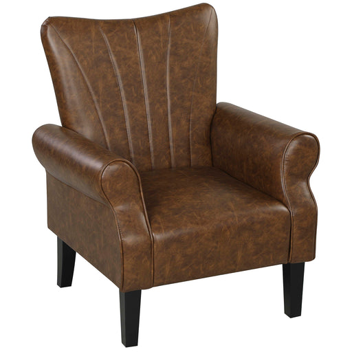 Upholstered Accent Chair with Rolled Arms and Wooden Legs for Lounge or Bedroom, Brown