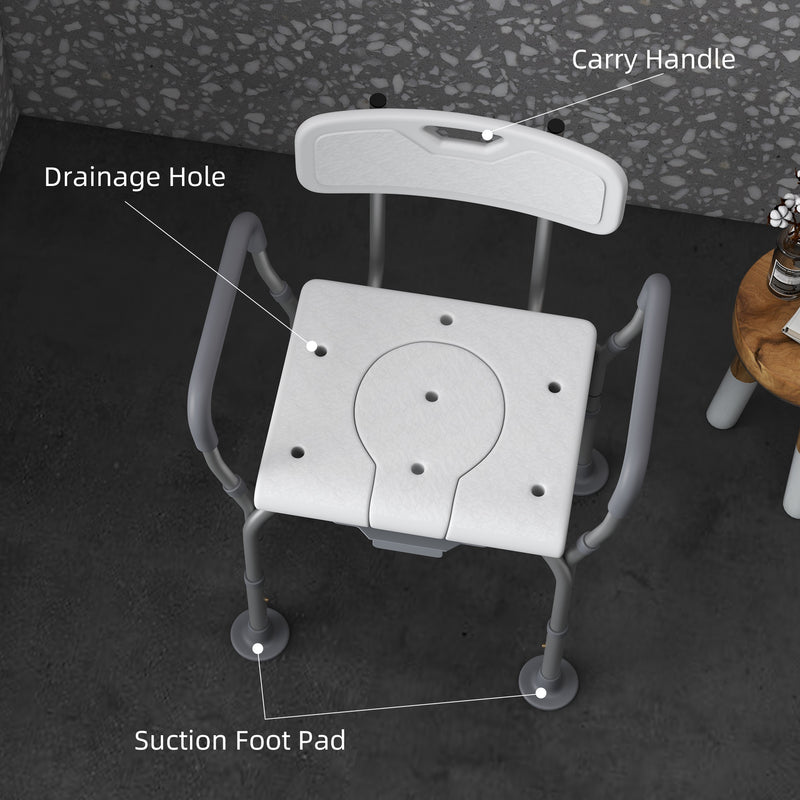 Height Adjustable Shower Stool with Arms Backrest and Removable Commode for Elderly, White