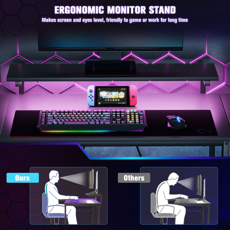 Reversible L Shaped Gaming and Work Desk with LED Lighting for Home Office, Black