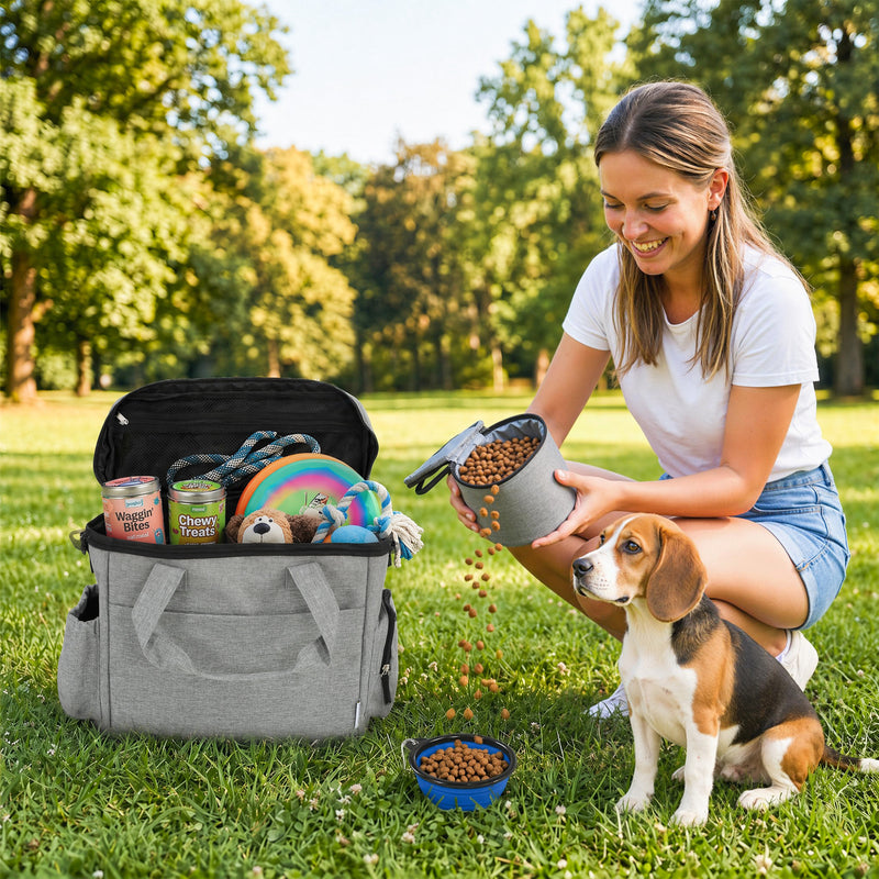 Pet Travel Organiser Bag with Insulated Food Containers and Collapsible Bowl Light Grey