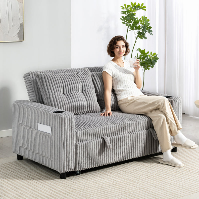 2 Seater Click Clack Sofa Bed With Pull Out Design For Guests Corduroy Upholstery Light Grey