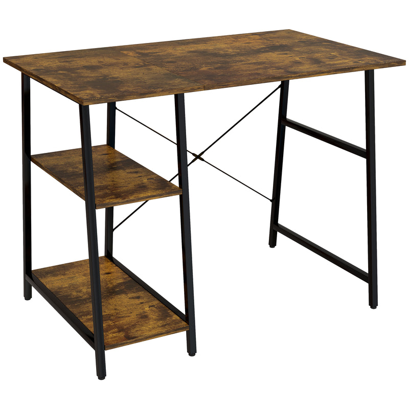 Rustic Brown Computer Desk with Storage and 2 Tier Shelves for Home Office