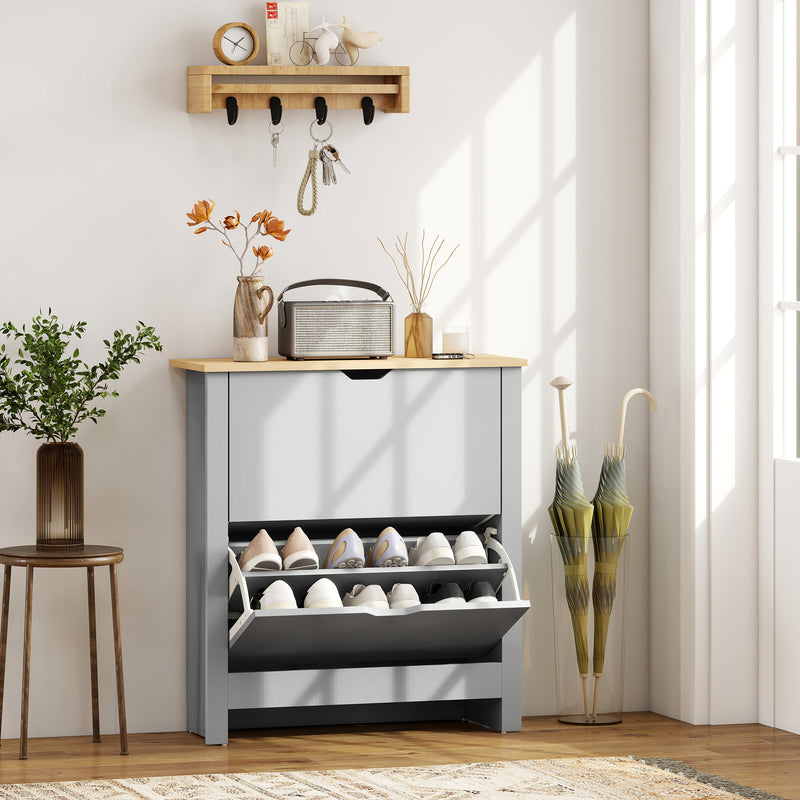 Grey Slim Shoe Cabinet For Entryway - 2 Flip Doors - Holds 12 Pairs With Adjustable Racks - 72x26x80cm Homcom