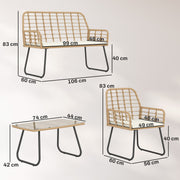 Rattan Garden Furniture Set with Cushions and Coffee Table for Patio or Balcony Natural Wood Outsunny