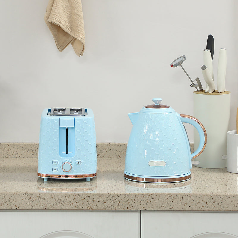 Fast Boil Kettle and 2 Slice Toaster Set with Auto Shut Off for Quick Breakfasts, Light Blue