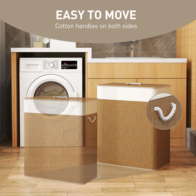 100L Double Laundry Hamper with Lid and Removable Liner Brown Bamboo Basket