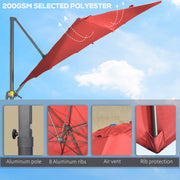 Wine Red 3 x 3m Cantilever Parasol With Crank Handle And Cross Base For Garden Shade