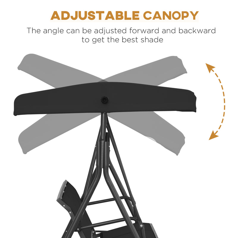 Black Three Seater Garden Swing Chair With Adjustable Canopy For Shaded Outdoor Comfort