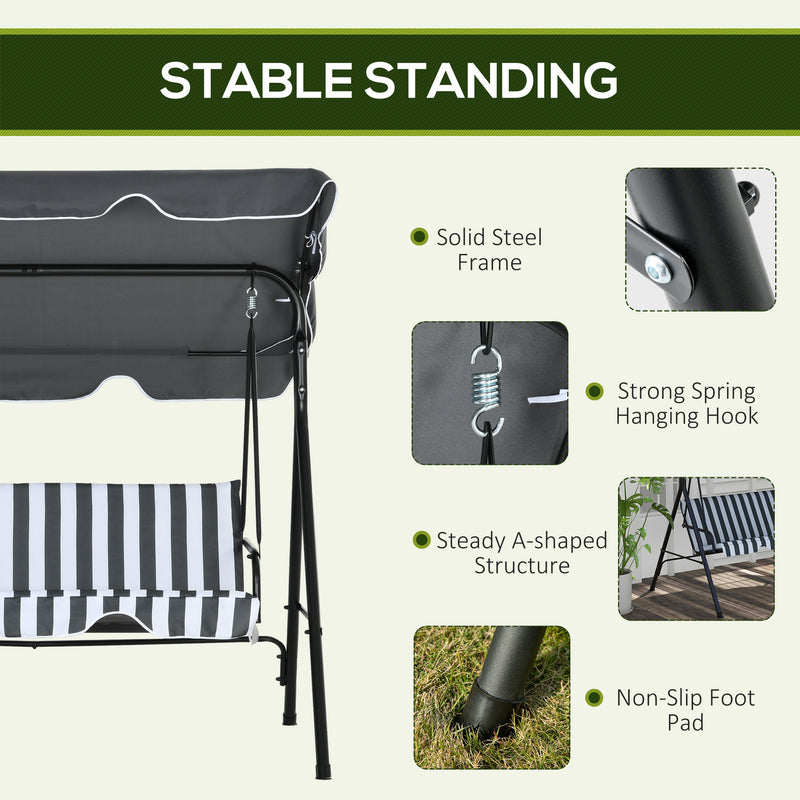 Grey 3 Seater Garden Swing Chair with Cushions and Adjustable Canopy for Outdoor Use