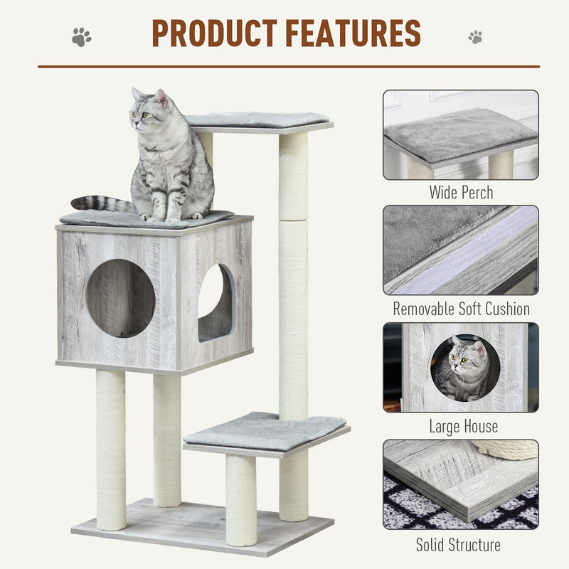 Cat Tree Tower With Jute Scratching Posts And Activity Centre For Large Cats 113cm Grey AOSOM