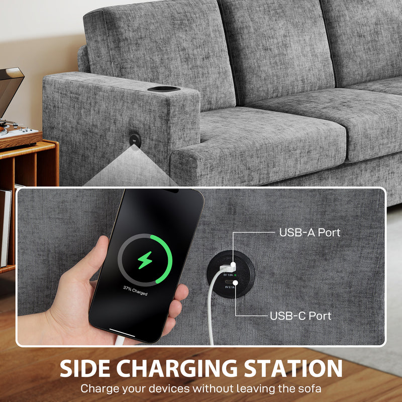 3 Seater Sofa With USB Charging Ports And Cup Holders For Lounge, Grey