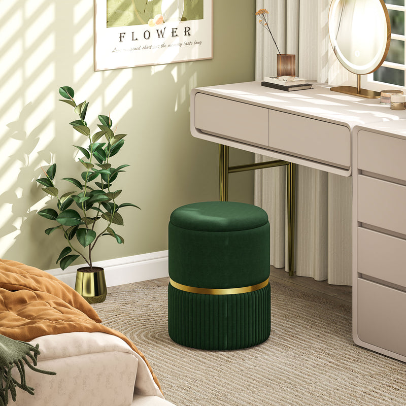 Green Velvet Feel Round Storage Ottoman with Padded Seat by HOMCOM