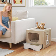 Foldable Cat Litter Box with Lid and Pull Out Drawer for Easy Cleaning Khaki AOSOM