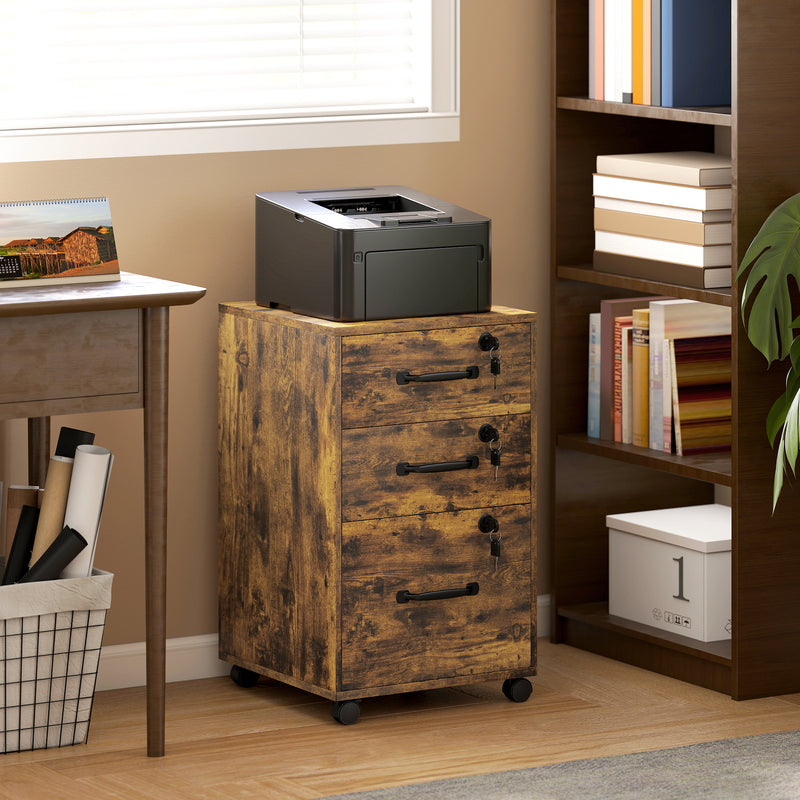 Three Drawer Wood Effect Filing Cabinet With Spacious Storage For Home Office, Rustic Brown