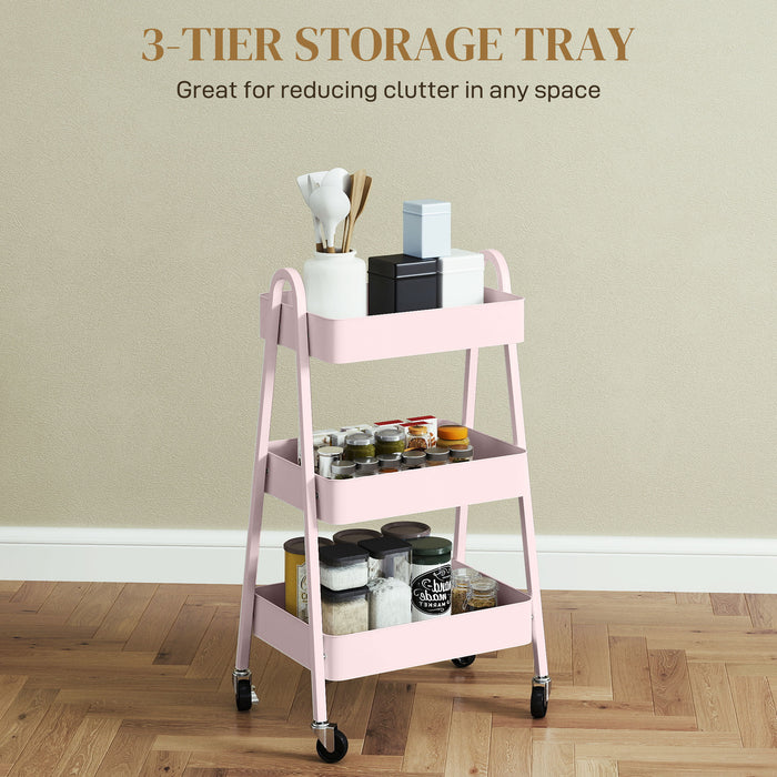 Pink Three Tier Rolling Storage Trolley with Wheels for Home or Office Use