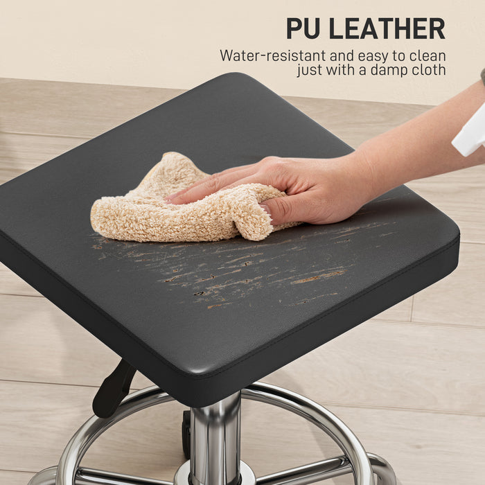 Black Adjustable PU Leather Rolling Stool with Wheels by HOMCOM