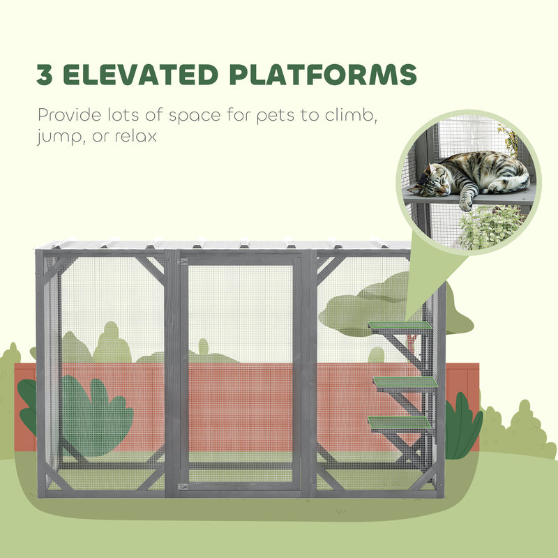 Grey Wooden Outdoor Cat House With Large Door, Platforms and Weatherproof Roof by PawHut