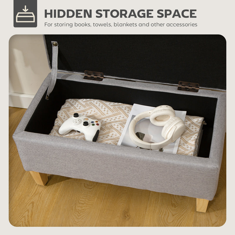 Light Grey 30L Linen Storage Ottoman with Padded Seat and Wooden Legs for Bedroom or Hallway - 71x37x36cm