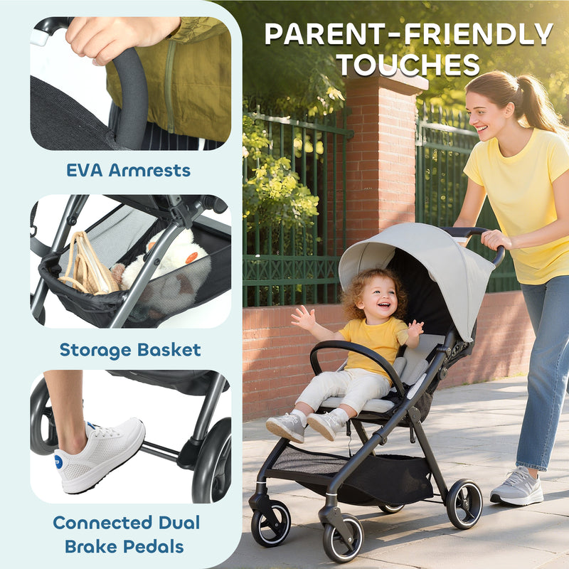 Lightweight Travel Stroller Compact Pushchair with Recline Canopy and Storage Basket Light Grey AOSOM