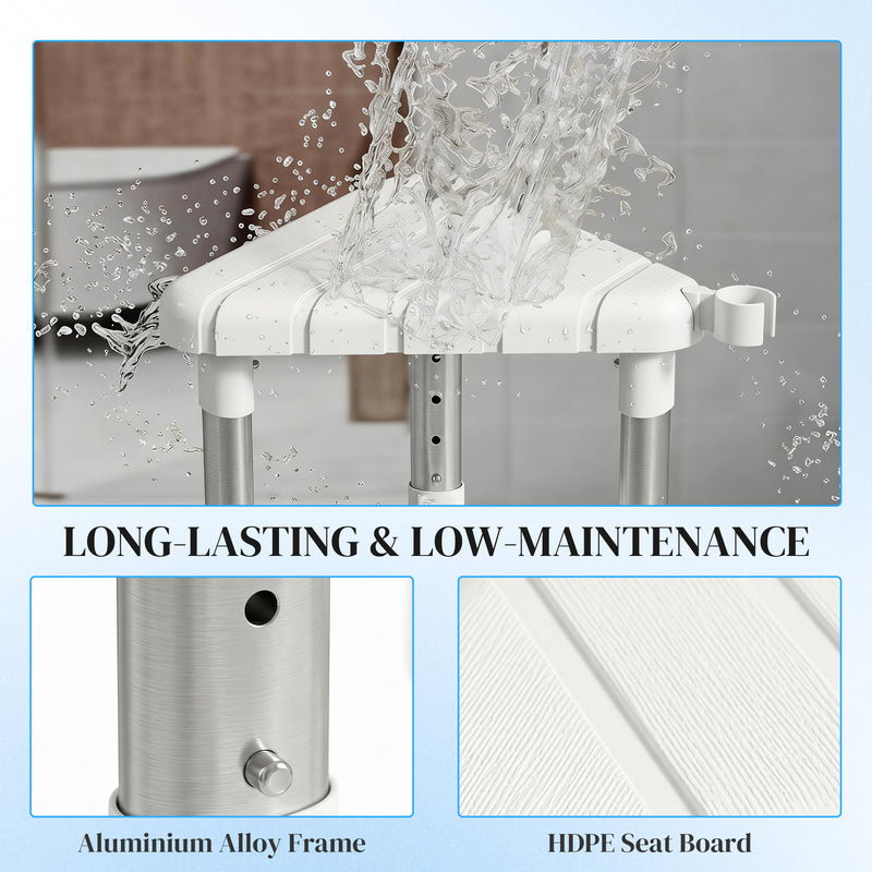 Corner Shower Stool with Adjustable Height and Storage Shelf for Compact Bathrooms White