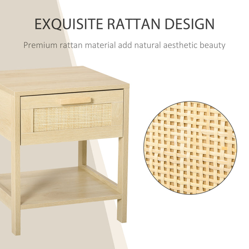 Rattan Bedside Table With Drawer And Shelf For Bedroom Or Living Room Storage