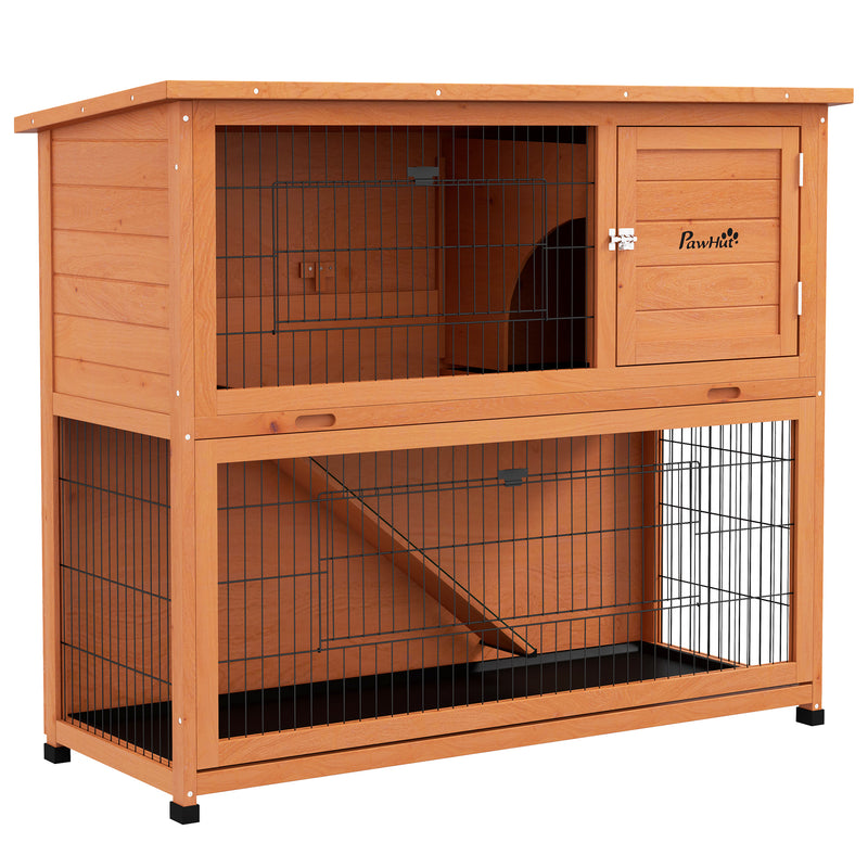 Two Tier Wooden Rabbit Hutch with Run 102cm Large Guinea Pig Cage for Outdoors Orange