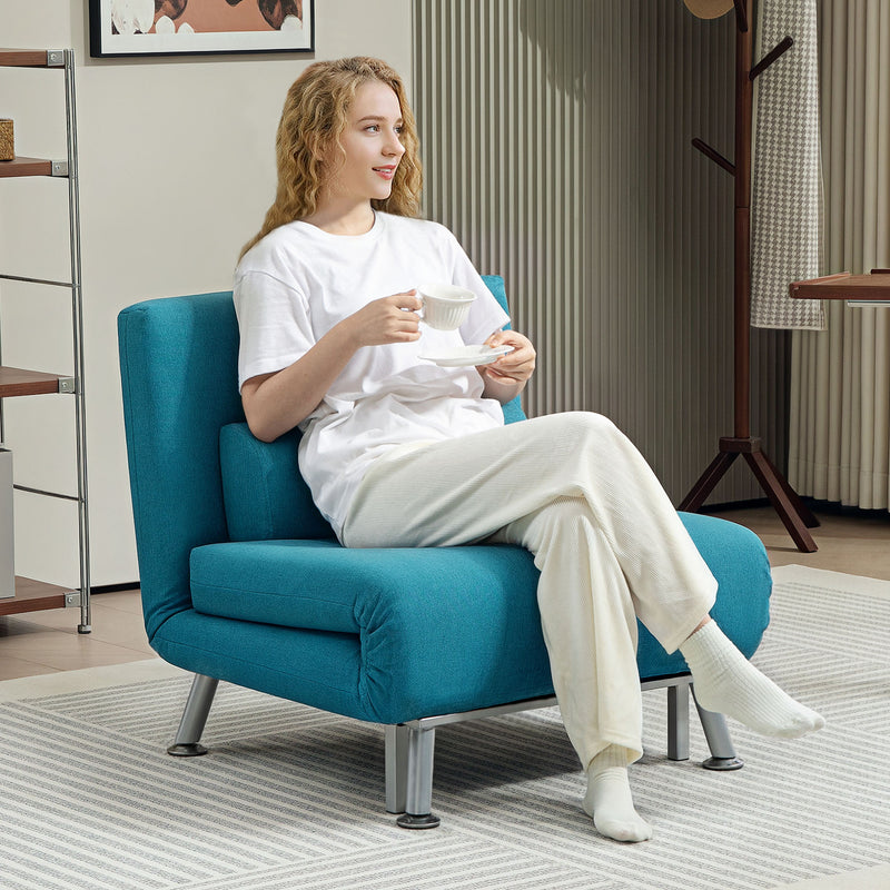 Dark Blue Single Linen Feel Sleeper Chair Comfortable Space Saving Design by HOMCOM