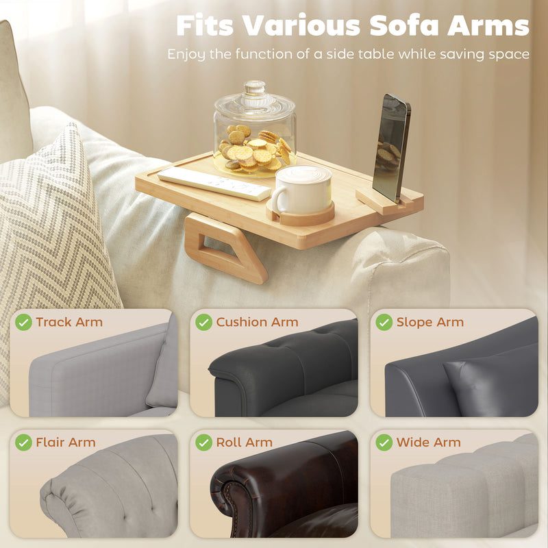 Sofa Arm Tray with Rotating Device Holder and Removable Cup Holder Bamboo Natural Wood