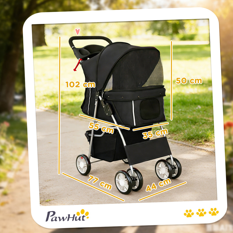 Foldable Pet Stroller With 360 Degree Swivel Wheels And Reflective Strips, Black