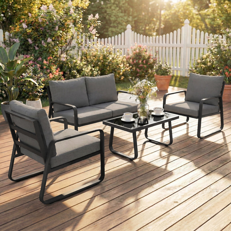 Garden Sofa Set for Four with Cushions and Coffee Table for All Weather Use Black Light Grey Outsunny
