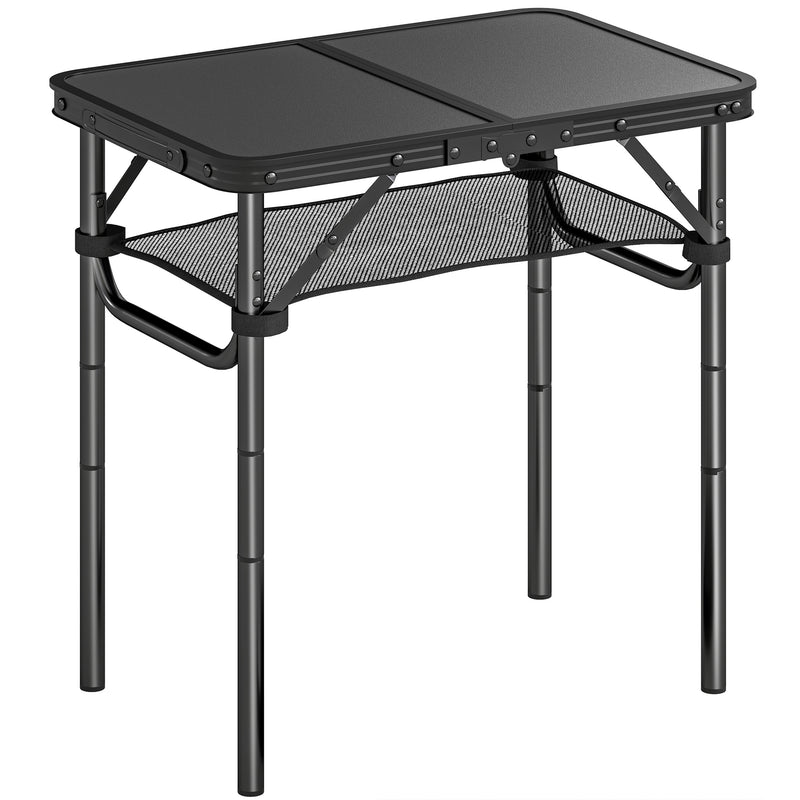 Folding Camping Table with Adjustable Height and Mesh Shelf for Picnics and BBQs Black