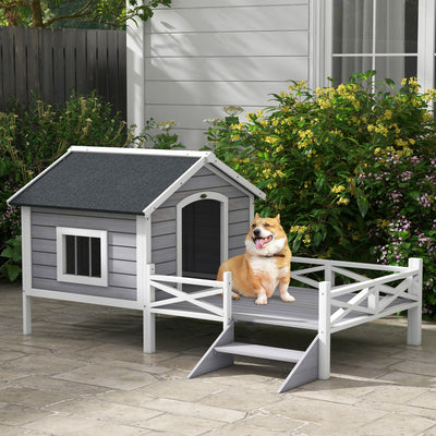Outdoor Wooden Dog House with Covered Porch for Small to Medium Pets, Grey