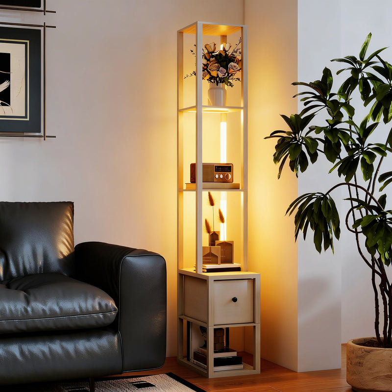 Floor Lamp with Shelves and Adjustable LED for Space Saving Storage