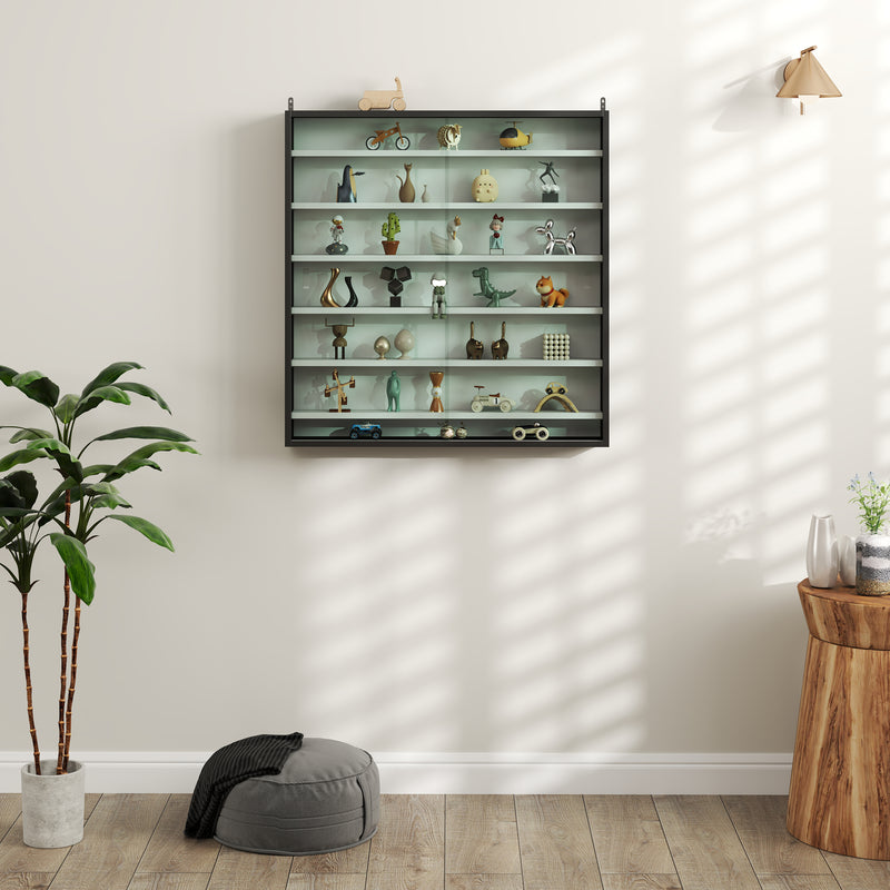 Black and White 7 Tier Wall Display Cabinet with Glass Doors and Adjustable Shelves by HOMCOM